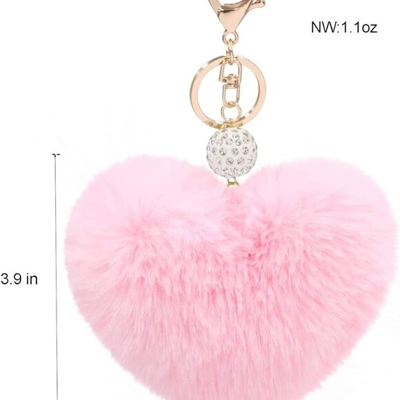 Women's Heart Faux Fur Pom Pom Key Chains Bag Accessory Puffball Keyring Backpac - Picture 2 of 4